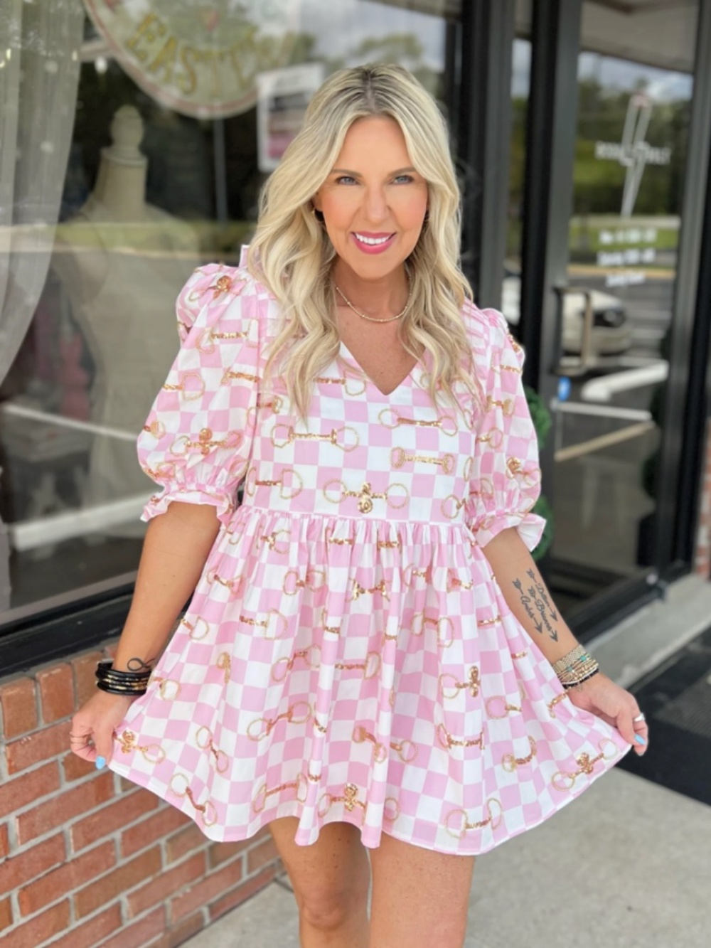 Queen of Sparkles Pink Check Horse Bit Puff-Sleeve Mini Dress